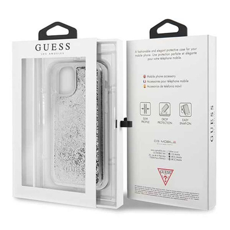 Guess Liquid Glitter Hearts - Etui iPhone 11 Pro (srebrny)