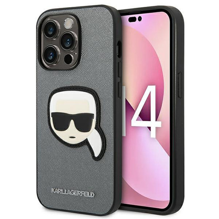 Pouzdro Karl Lagerfeld Saffiano Karl Head Patch - pouzdro pro iPhone 14 Pro Max (stříbrné)