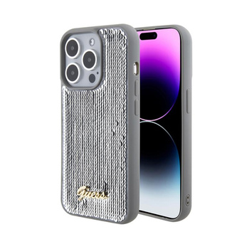 Guess Paillettenschrift Metall - iPhone 15 Pro Tasche (silber)