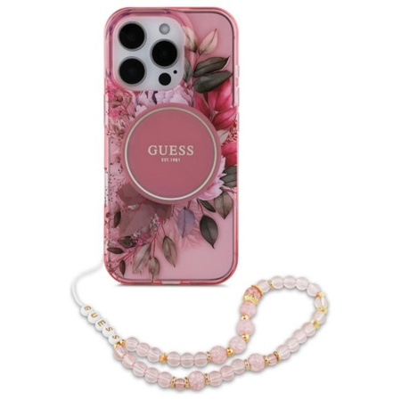Guess IML Flowers With Pearl Strap MagSafe - Hülle iPhone 16 Pro Max (Rosa)