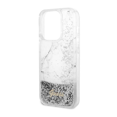 Guess Liquid Glitter Marble - Coque iPhone 14 Pro (Blanc)