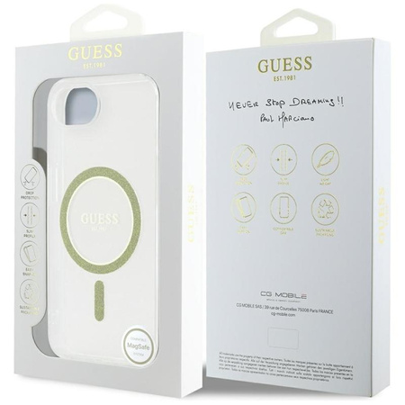 Guess IML Glitter Circle MagSafe - Pouzdro pro iPhone 16e (průhledné)