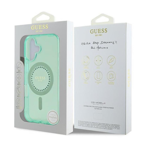 Pouzdro Guess IML Rhinestones MagSafe - iPhone 16 Plus (zelené)