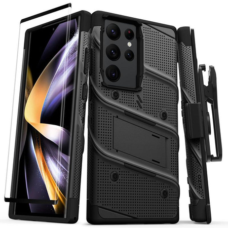 ZIZO BOLT Serie - Samsung Galaxy S23 Ultra gepanzerte Hülle mit 9H Glas für Bildschirm + Halterung mit Ständer (schwarz)