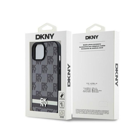 Kožené pouzdro DKNY s kostkovaným jednobarevným vzorem a tištěnými pruhy - iPhone 14 / 15 / 13 (černé)