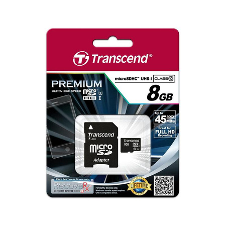 Transcend Memory MicroSDHC - 8 GB UHS-1 U1 45MB/s carte mémoire avec adaptateur