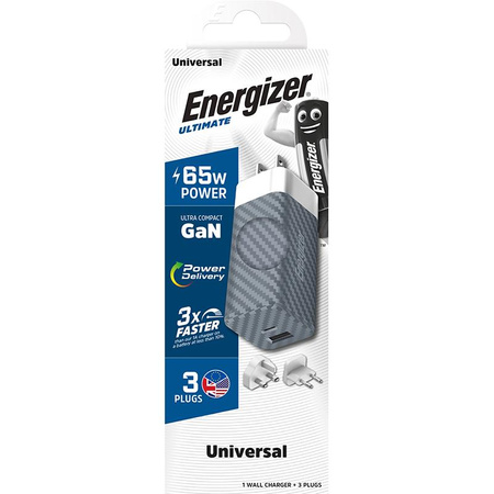 Energizer Ultimate - Multiplug EU / UK / US GaN USB-C & USB-A 65W PD travel charger (Silver)