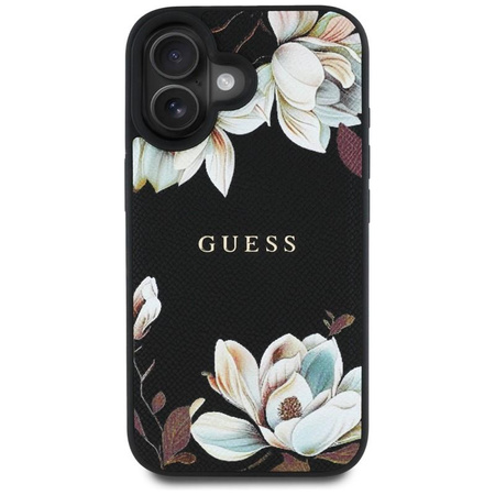 Guess MagSafe - Tasche mit genarbtem Blumenmuster für iPhone 16 (schwarz)