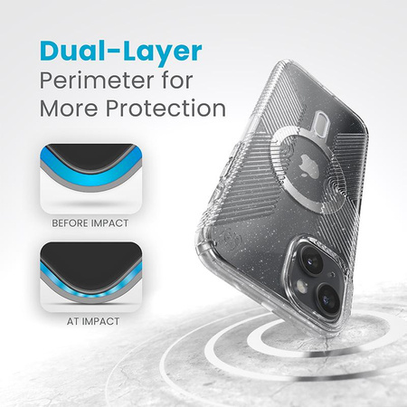 Speck Presidio Lux Grip ClickLock & Magsafe - Coque pour iPhone 15 Plus (Transparente / Finition Chrome / Argent Serein)