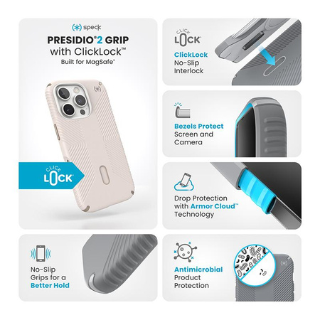 Speck Presidio2 Grip ClickLock & MagSafe - Coque iPhone 16 Pro (Bleached Bone / Heirloom Gold / Hazel Brown)