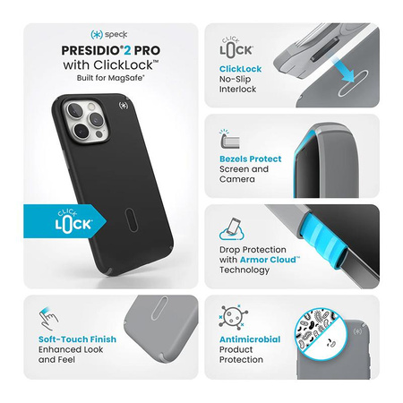 Speck Presidio2 Pro ClickLock & MagSafe - iPhone 16 Pro Max Case (Black / Slate Grey / White)