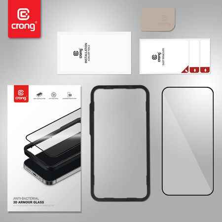 Crong Anti-Bakterielles 3D Panzerglas - 9H gehärtetes Glas für Vollbildschirm iPhone 16e / iPhone 14 / iPhone 13 / iPhone 13 Pro + Einbaurahmen
