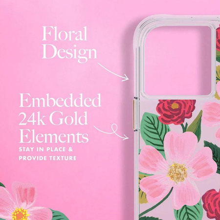Rifle Paper Clear - pouzdro na iPhone 14 / iPhone 13 ve zlaté barvě (Rose Garden)