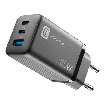 Cellularline Multipower Micro GaN - Chargeur de puissance 2x USB-C & USB-A Power Delivery 65W (noir)