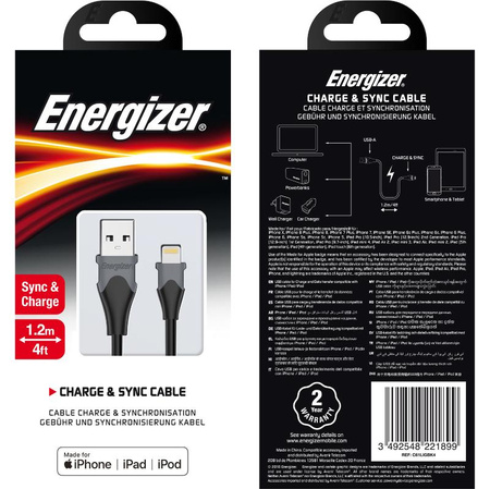 Energizer Classic - Câble de connexion USB-A vers Lightning certifié MFi 1,2m (Noir)