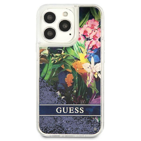 Guess Liquid Glitter Flower - pouzdro pro iPhone 13 Pro Max (modré)