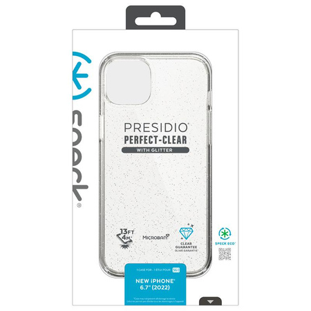 Speck Presidio Perfect-Clear s třpytkami - pouzdro pro iPhone 14 Plus s povrchovou úpravou MICROBAN (čiré / zlaté třpytky)