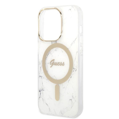 Guess Bundle Pack MagSafe IML Marble - pouzdro MagSafe pro iPhone 14 Pro + sada nabíječky (bílá/zlatá)