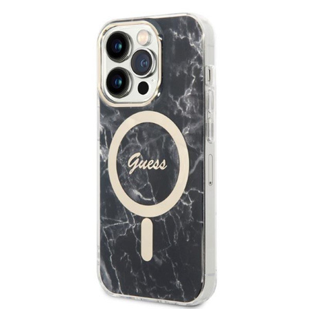 Guess Bundle Pack MagSafe IML Marble - pouzdro MagSafe pro iPhone 14 Pro Max + sada nabíječky (černá/zlatá)