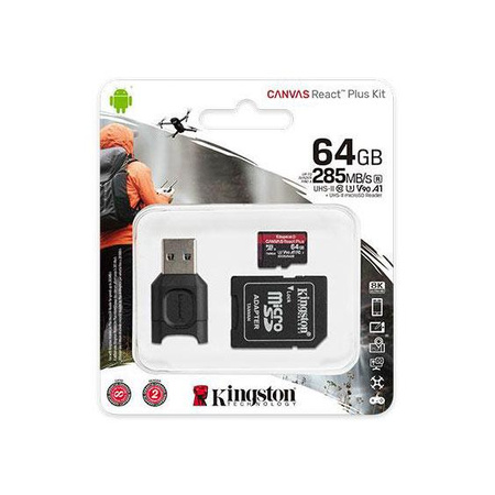 Kingston Canvas React Plus MicroSDXC - 64 GB A1 Class 10 U3 165/285 MB/s memory card with adapter