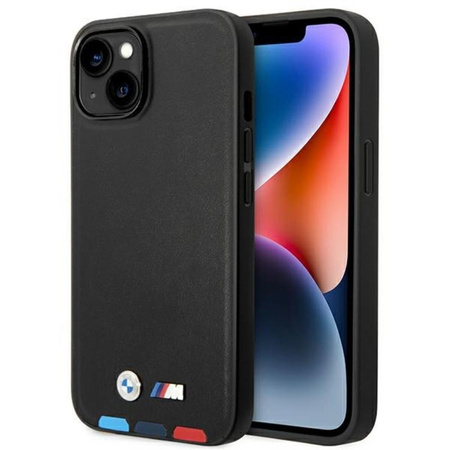 BMW Leder Hot Stamp Tricolor - iPhone 14 Plus Tasche (Schwarz)