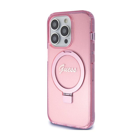 Guess Ring Stand Script Glitter MagSafe - iPhone 15 Pro Max Tasche (rosa)