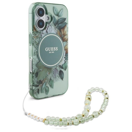 Guess IML Flowers With Pearl Strap MagSafe - pouzdro pro iPhone 16 Plus (zelené)