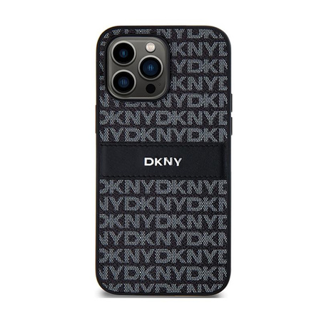 DKNY bőr mono csíkos és fém logóval - iPhone 14 Pro Max tok (fekete)