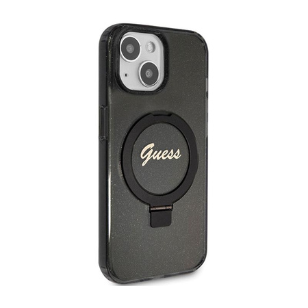Guess Ring Stand Script Glitter MagSafe - iPhone 15 tok (fekete)