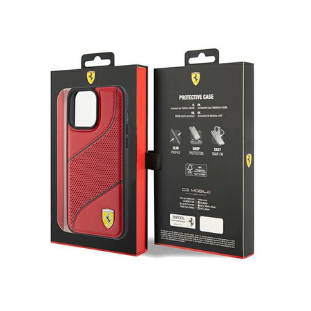 Ferrari perforált hullámok fém logó - iPhone 15 Pro tok (piros)