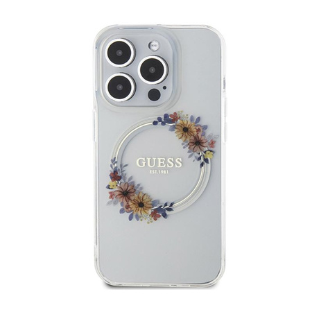 Guess IML Flowers Wreath MagSafe - Coque pour iPhone 15 Pro Max (Transparent)