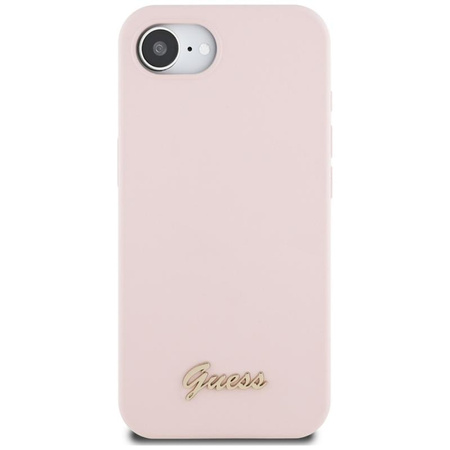 Guess Silicone Script Metal Logo MagSafe - étui pour iPhone 16e (rose)