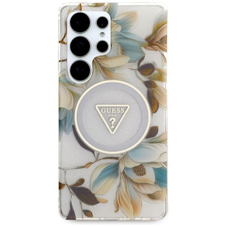 Guess Glitter Flowers Triangle Buttons MagSafe - tok Samsung Galaxy S25 Ultra (fehér)