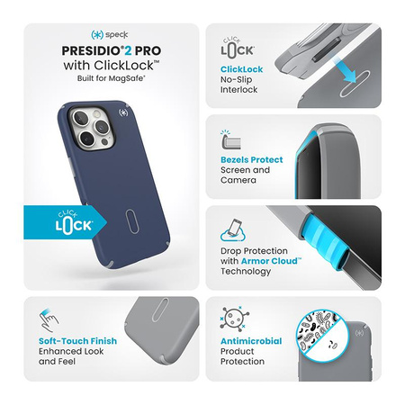 Speck Presidio2 Pro ClickLock & MagSafe - Coque pour iPhone 16 Pro (Bleu Littoral / Gris Poussière / Blanc)