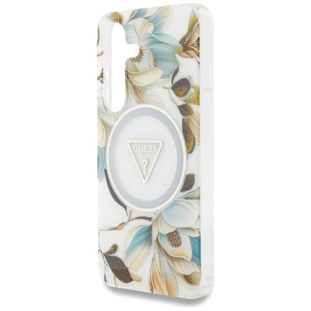 Guess Glitter Flowers Triangle Buttons MagSafe - étui pour Samsung Galaxy S25 (blanc)