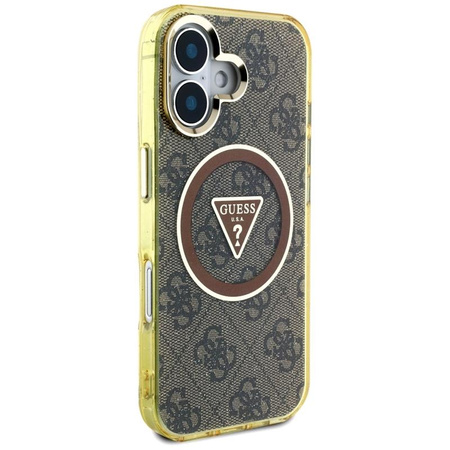 Guess IML Metal Glitter 4G Circle Triangle MagSafe - Pouzdro pro iPhone 16 (hnědá)
