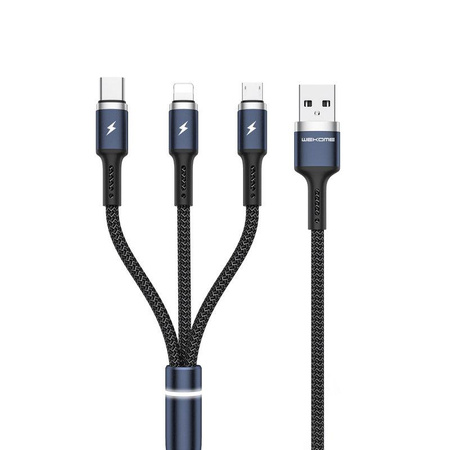 WEKOME WDC-119 Fython Series - Câble de connexion 3-en-1 USB-A vers Lightning + USB-C + Micro USB PD 1,2 m (Noir)