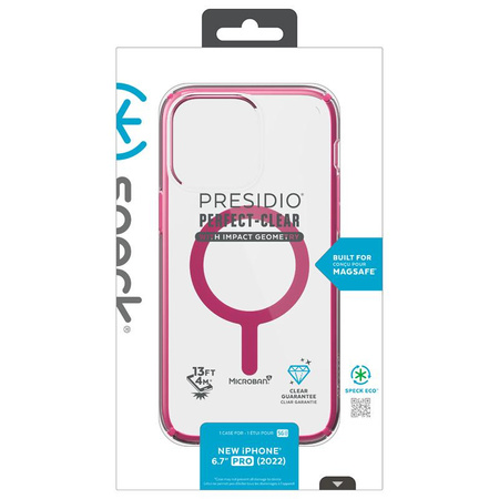 Speck Presidio Perfect-Clear avec Impact Geometry + MagSafe - Coque pour iPhone 14 Pro Max avec revêtement MICROBAN (transparent / rose digital)