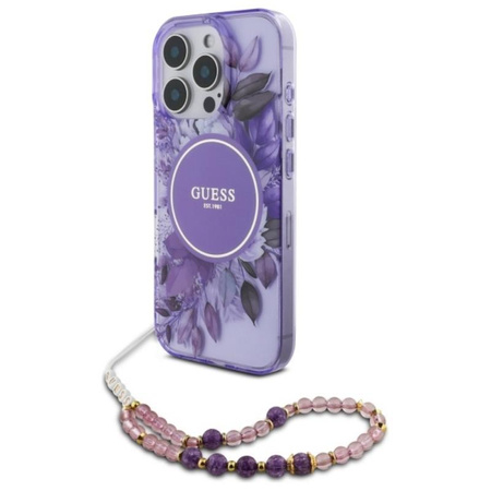 Guess IML Flowers With Pearl Strap MagSafe - pouzdro pro iPhone 16 Pro Max (fialové)