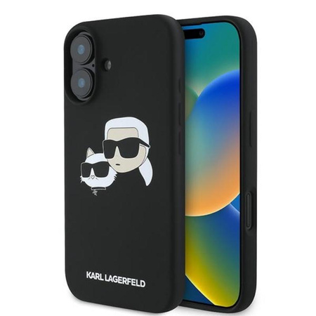 Karl Lagerfeld Silikonové pouzdro MagSafe s potiskem dvou hlav - iPhone 16 Plus (černé)