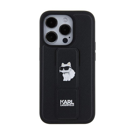 Karl Lagerfeld Gripstand Saffiano Choupette Pins - pouzdro na iPhone 14 Pro (černé)
