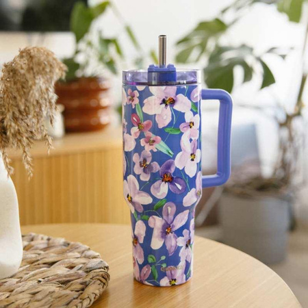 Quokka Stream - 1200 ml-es rozsdamentes acél termo bögre szívószállal (Flower Dusk)