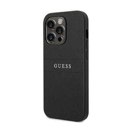 Guess Saffiano Metal Logo Stripes - pouzdro pro iPhone 14 Pro (černé)