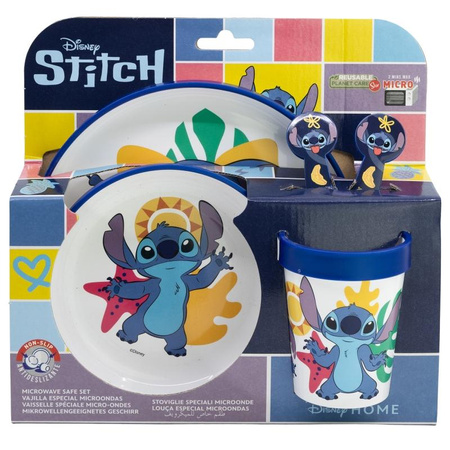 Disney Stitch - Csúszásmentes mikrohullámú sütőben használható evőeszköz készlet 5 darabos (tányér, tál, bögre, villa, kanál)