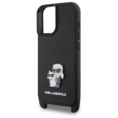 Karl Lagerfeld Saffiano Karl & Choupette Metall Pin CBDY Armband - iPhone 16 Tasche (schwarz)
