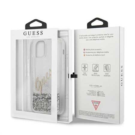 Guess Glitter Vintage Script - iPhone 12 / iPhone 12 Pro tok (ezüst)