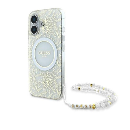 Guess IML Blumen Allover Elektro mit Perle Riemen MagSafe - iPhone 16 Fall (weiß)