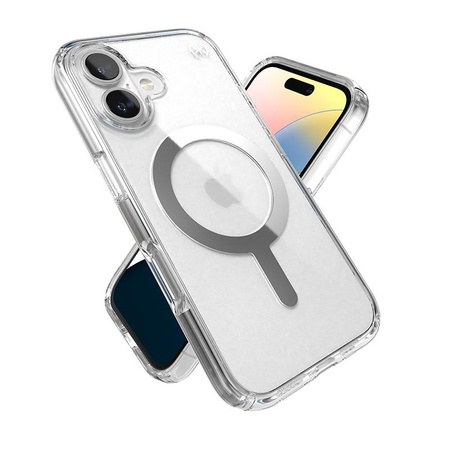 Speck Presidio Perfect-Clear MagSafe - iPhone 16 Case (Clair / Finition Chrome / Argent Serein)