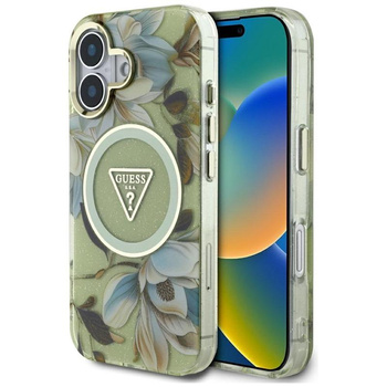 Guess Glitter Virágok háromszög gombok MagSafe - tok iPhone 16 zöld