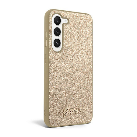 Kovové pouzdro s logem Guess Glitter Flakes - Samsung Galaxy S23+ (zlaté)